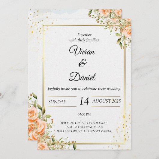 Faire-part de mariage de fleurs d'or et de pêche (Devant / Derrière)