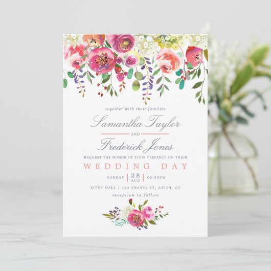 Faire-part de mariage de fleurs rose (Debout devant)