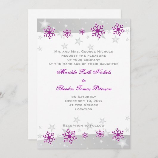 Faire-part de mariage de flocon gris argenté viole (Devant / Derrière)