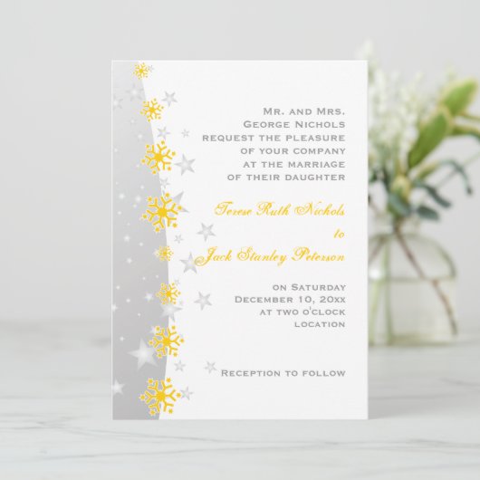 Faire-part de mariage de flocon jaune gris argenté (Debout devant)