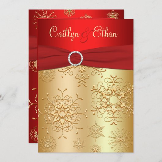 Faire-part de mariage de flocons rouges et dorés (Devant / Derrière)