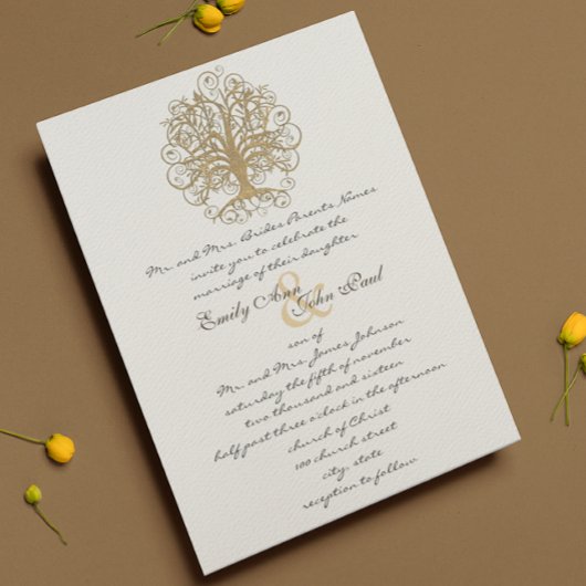 Faire-part de mariage de forêt enchantée en or