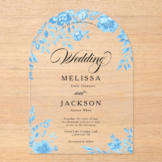 Faire-part de mariage de frontière florale bleue (Recto)