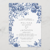 Faire-part de mariage de frontière florale bleue (Devant / Derrière)