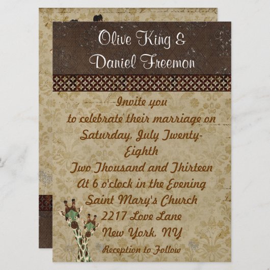 Faire-part de mariage de girafes Turquoises et en  (Devant / Derrière)