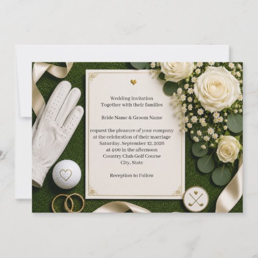 Faire-part de mariage de golf avec des roses blanc (Devant)