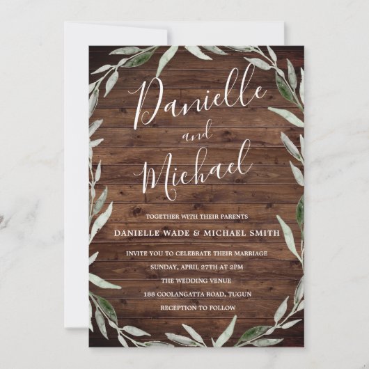 Faire-part de mariage de grange à feuilles de bois (Devant)