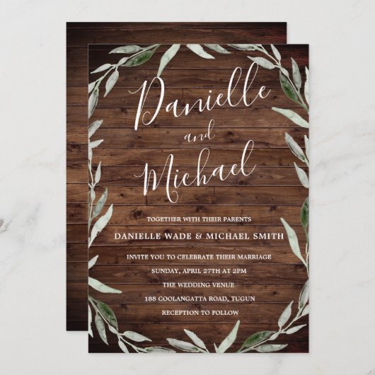 Faire-part de mariage de grange à feuilles de bois (Devant / Derrière)