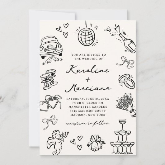 Faire-part de mariage de gribouillis à main (Devant)