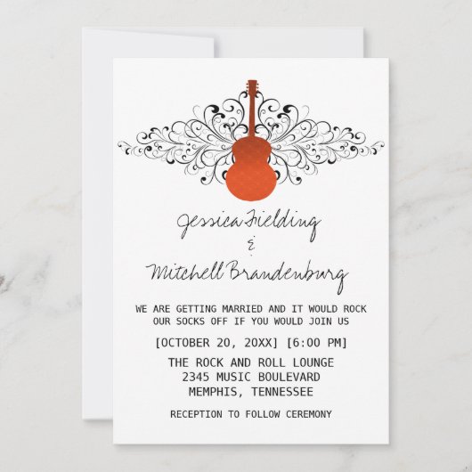 Faire-part de mariage de guitare Orange Swirls (Devant)