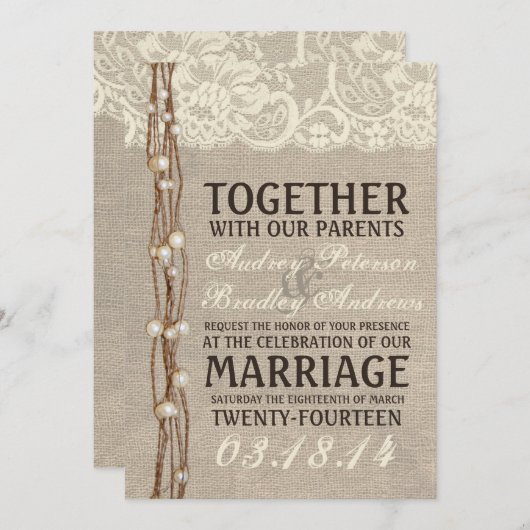 Faire-part de mariage de la dentelle de Burlap (Devant / Derrière)