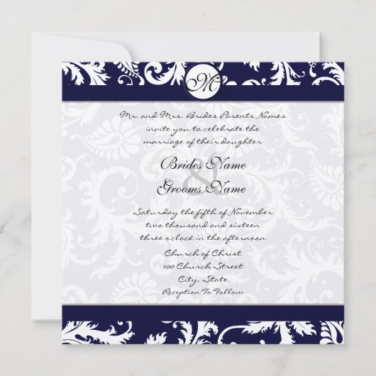 Faire-part de mariage de la Marine Damask Swils (Devant)