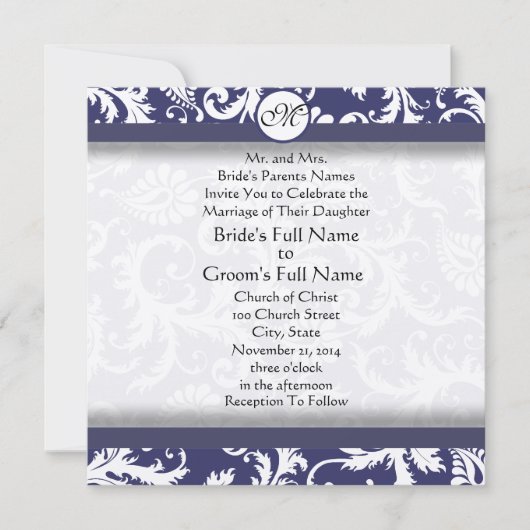 Faire-part de mariage de la Marine Damask Swils (Devant)