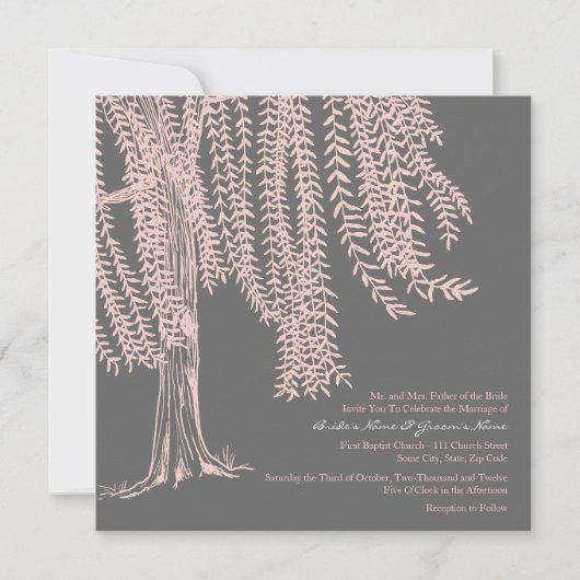 Faire-part de mariage de l'arbre rose et gris (Devant)