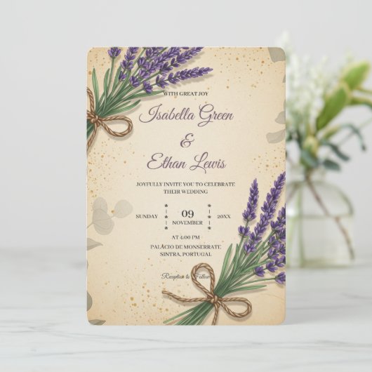 Faire-part de mariage de lavande rustique (Debout devant)