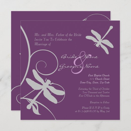 Faire-part de mariage de libellule mauve et argent (Devant / Derrière)