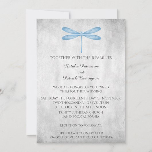 Faire-part de mariage de libellules bleus (Devant)