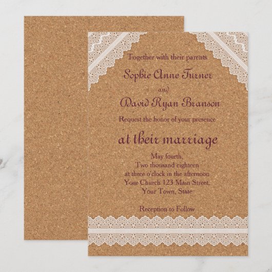 Faire-part de mariage de liège à vin en dentelle v (Devant / Derrière)