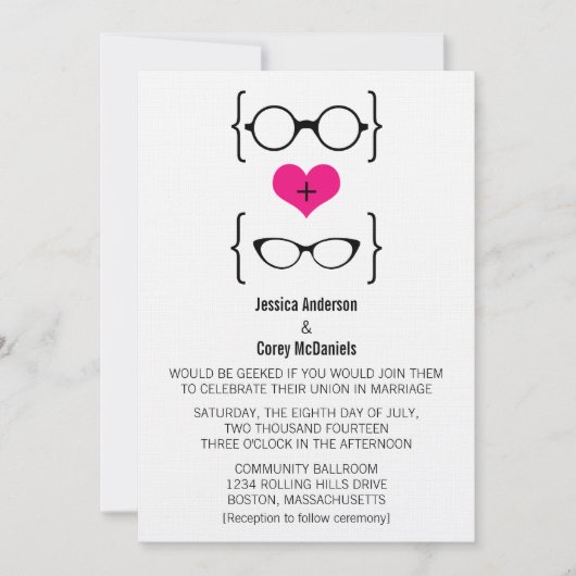 Faire-part de mariage de lunettes geek roses (Devant)