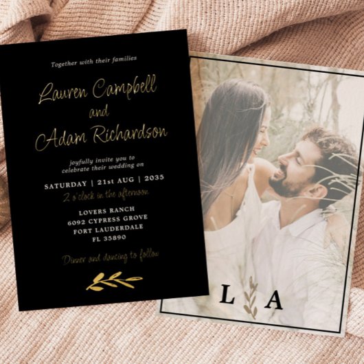 Faire-part de mariage de luxe Black & Gold Foil