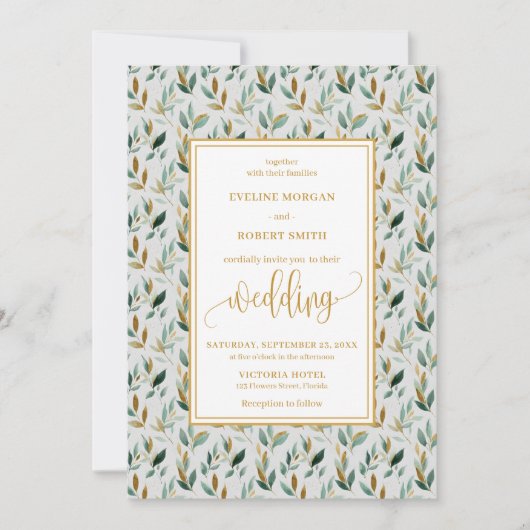 Faire-part de mariage de luxe Hunter Green Gold Fe (Devant)