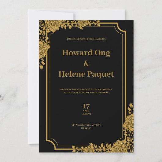 Faire-part de mariage de luxe noir et or (Devant)