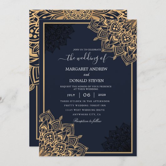 Faire-part de mariage de mandala d'or (Devant / Derrière)