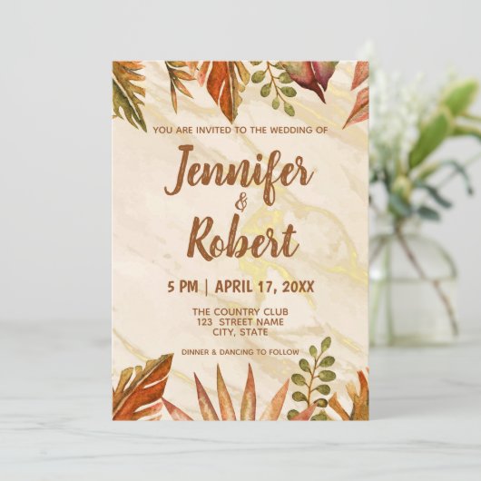 Faire-part de mariage de marbre tropicale or rusti (Debout devant)
