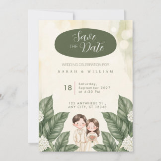 Faire-part de mariage de mariés à l'aquarelle vert