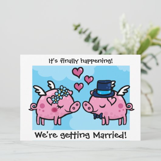 Faire-part de mariage de mariés cochons volants (Debout devant)