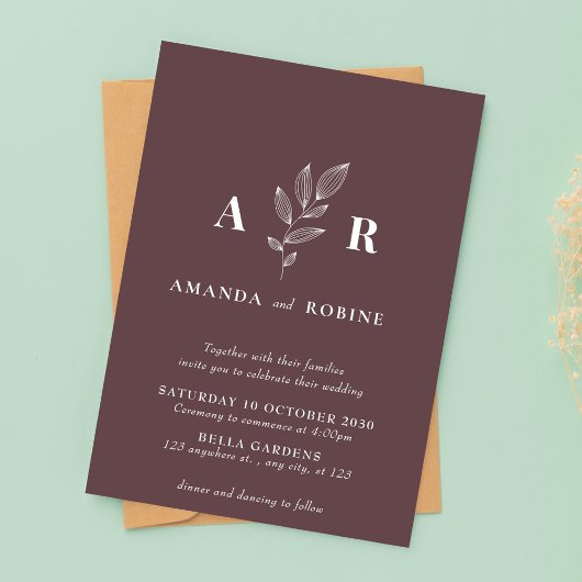 Faire-part de mariage de monogramme à feuilles min