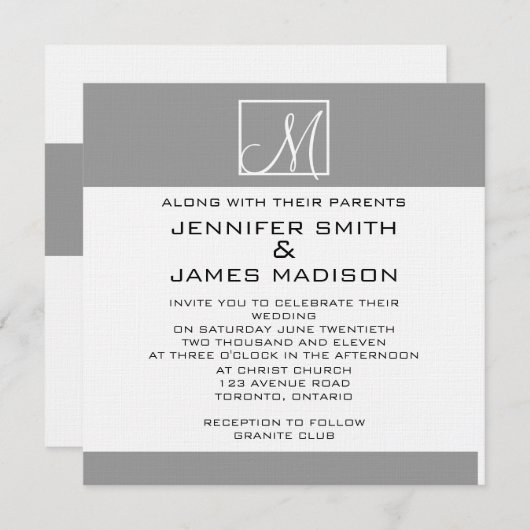 Faire-part de mariage de monogramme blanc gris mod (Devant / Derrière)