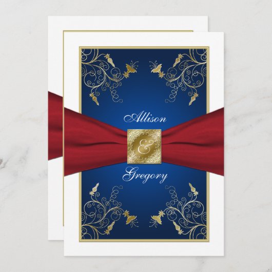 Faire-part de mariage de monogramme bleu bleu roug (Devant / Derrière)