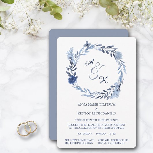 Faire-part de mariage de monogramme bleu d'été