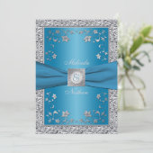 Faire-part de mariage de monogramme bleu et argent (Debout devant)
