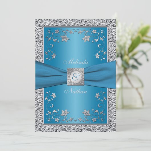Faire-part de mariage de monogramme bleu et argent (Debout devant)