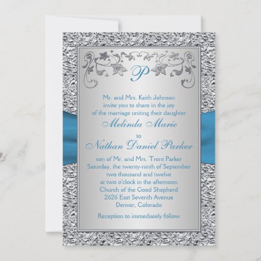 Faire-part de mariage de monogramme bleu et argent (Dos)
