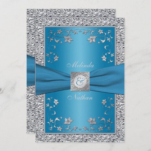 Faire-part de mariage de monogramme bleu et argent (Devant / Derrière)