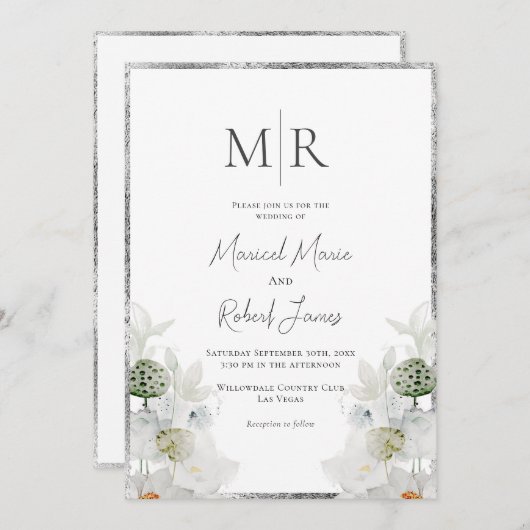 Faire-part de mariage de monogramme botanique blan (Devant / Derrière)