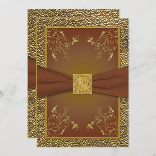 Faire-part de mariage de monogramme Brown et d'or (Devant / Derrière)