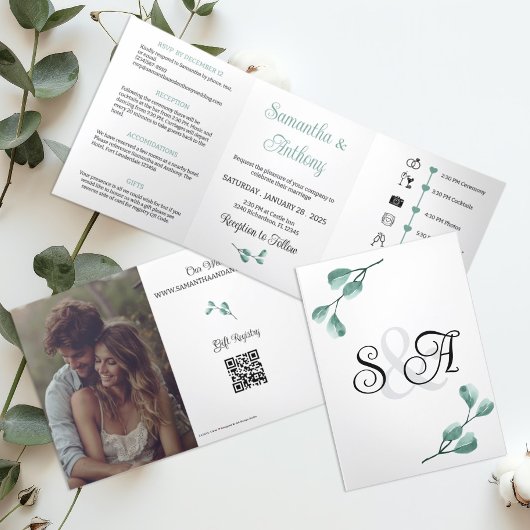 Faire-part de mariage de monogramme d'eucalyptus d