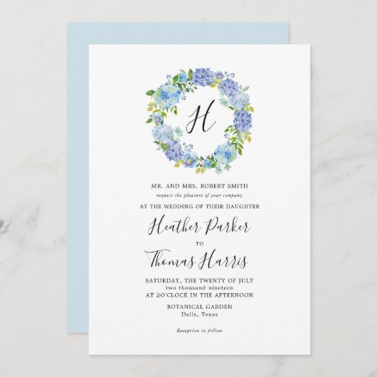 Faire-part de mariage de monogramme floral Blue Hy (Devant / Derrière)