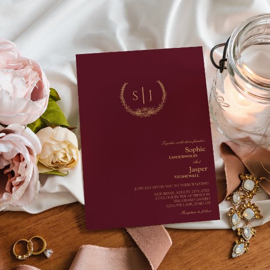 Faire-part de mariage de monogramme floral d'or de