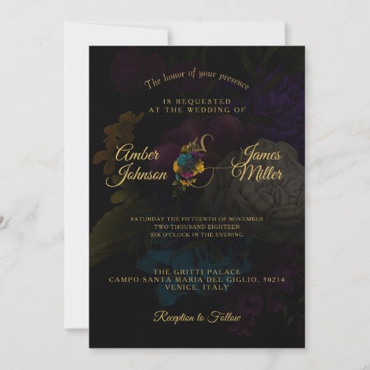 Faire-part de mariage de monogramme floral foncé (Devant)