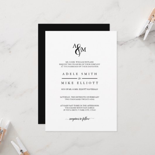Faire-part de mariage de monogramme noir et blanc  (Devant/Arrière en situation)