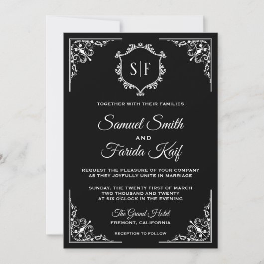 Faire-part de mariage de monogramme noir et blanc (Devant)