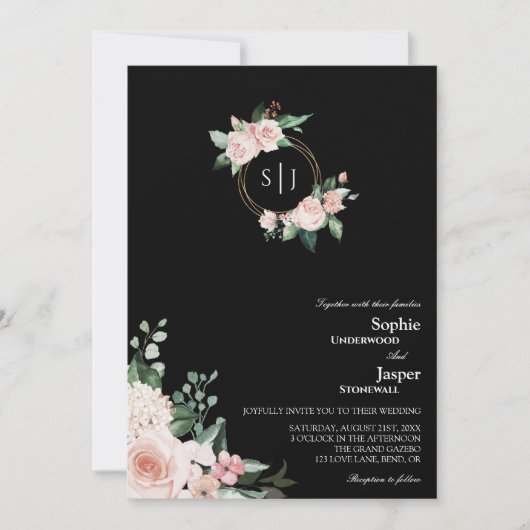 Faire-part de mariage de monogramme noir flou (Devant)