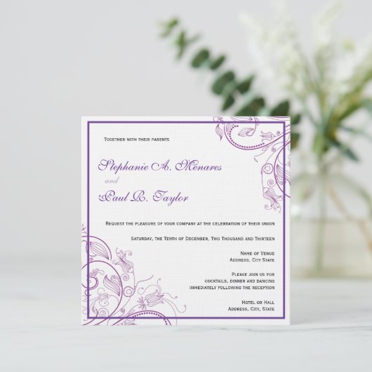 Faire-part de mariage de monogramme pourpre (Debout devant)