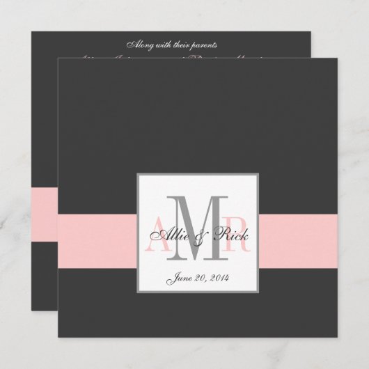 Faire-part de mariage de monogramme rose et de cha (Devant / Derrière)