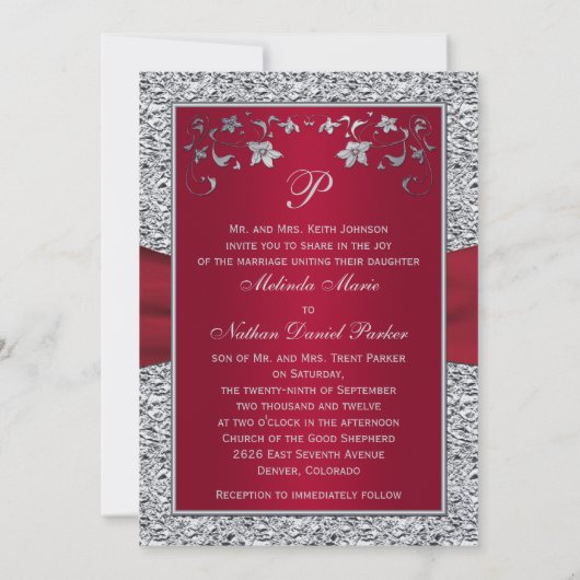 Faire-part de mariage de monogramme rouge, argenté (Dos)